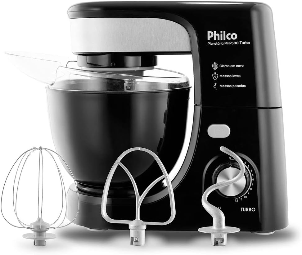 Batedeira Planetária Philco PHP500 Turbo, preta, com tigela