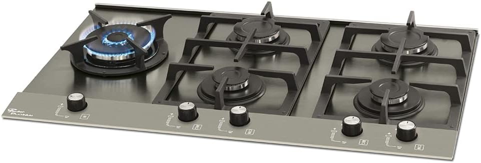 Cooktop Fischer 5Q Platinium com mesa em aço escovado e trempes de ferro fundido