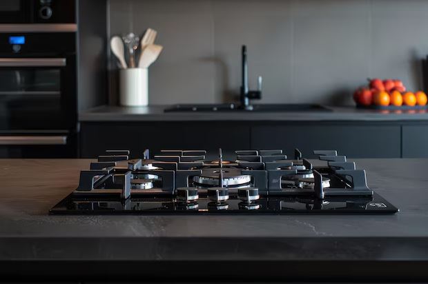 Melhor Cooktop 5 bocas Cozinha planejada com cooktop 5 bocas instalado em bancada de pedra, panelas em uso e ambiente bem iluminado