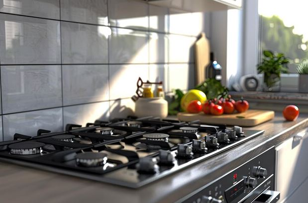 Melhor Fogão 6 Bocas Cozinha planejada com fogão 6 bocas em inox, forno ligado e panelas em uso sobre os queimadores