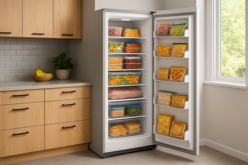 Melhor Freezer vertical branco em uma cozinha moderna, ao lado de armários e bancada, com a porta entreaberta mostrando prateleiras organizadas.