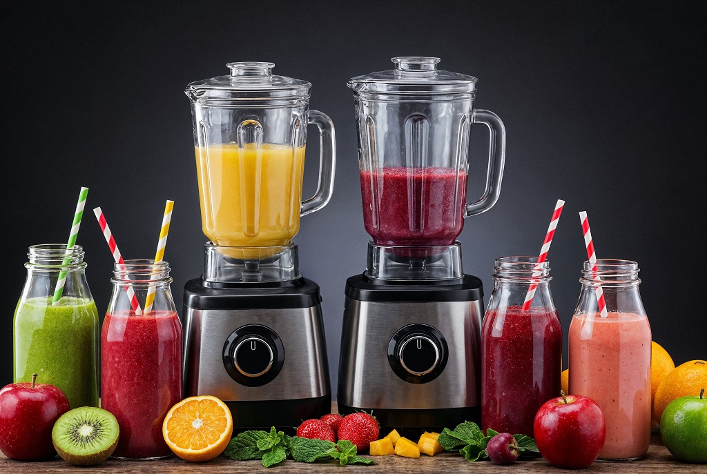 Melhores liquidificadores de diferentes tamanhos e cores alinhados em uma bancada de cozinha, com frutas e ingredientes ao lado prontos para serem batidos.