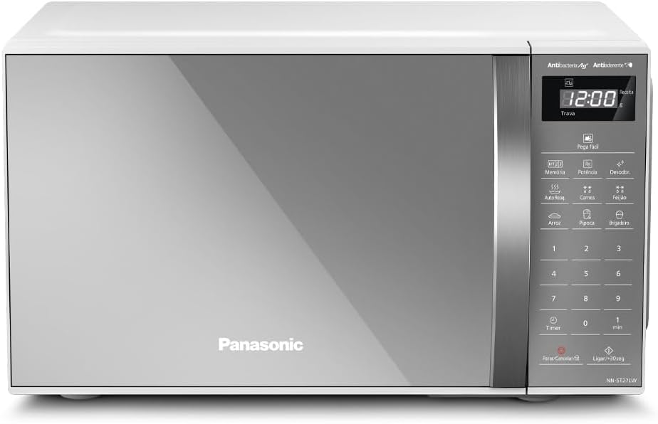 Micro-ondas Panasonic NN-ST27LWRUN branco espelhado em bancada compacta