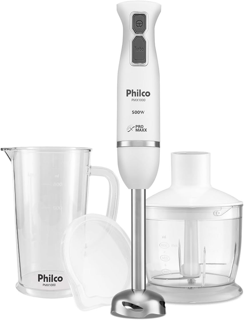 Mixer Philco Pro Maxx PMX1000 visto lateralmente com acessórios