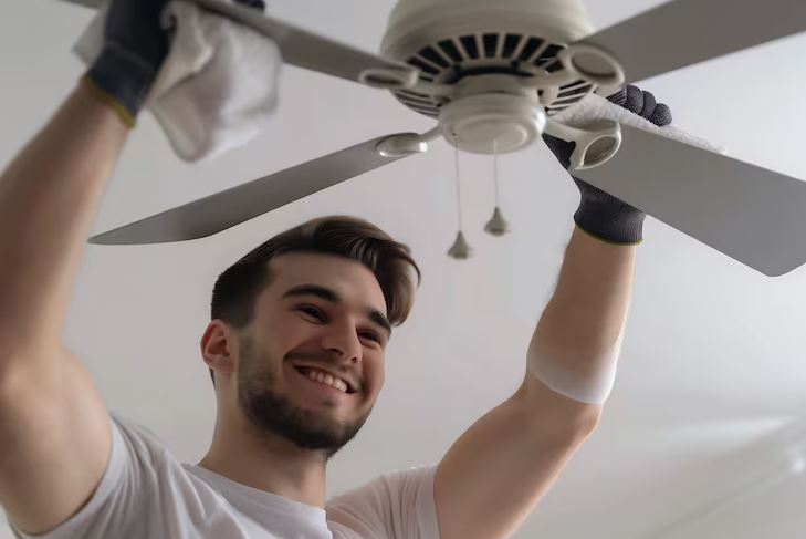 sala com ventilador de teto ligado enquanto uma pessoa trabalha no notebook e o ar circula de forma suave